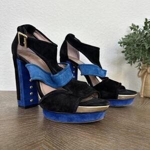 Vince Camuto Color Block Bue Black Suede Platform Sandals Heels Size 8.5 Shoes